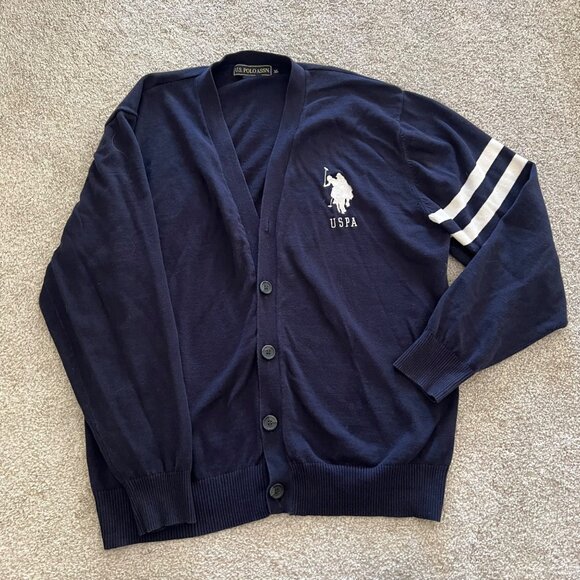 U.S Polo Assn. Embroidered Striped Navy Blue Oversized Cardigan Sweater XL - Picture 5 of 10